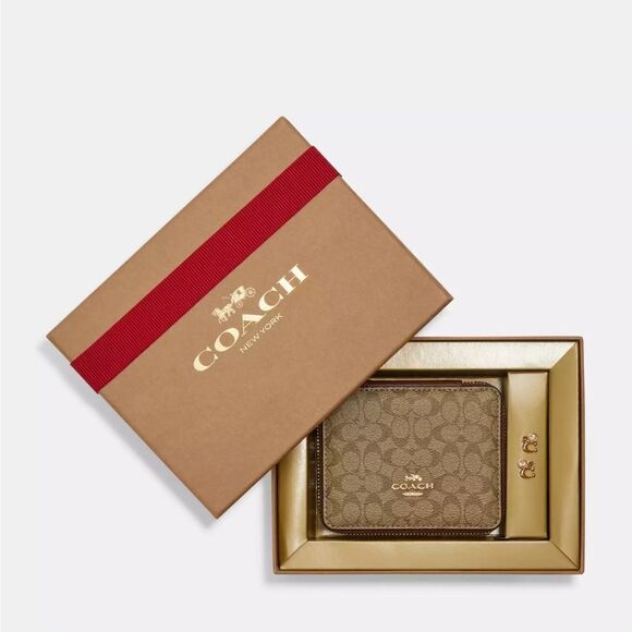 NWT Coach Boxed‎ Jewelry Box And Earrings Set In Signature Canvas - Picture 1 of 8